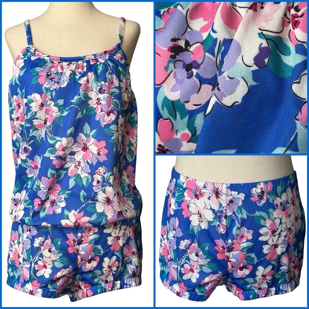 Vtg 70s Windmills 2 pc Swimwear Swimsuit Womens Small Blue Floral Tankini Shorts